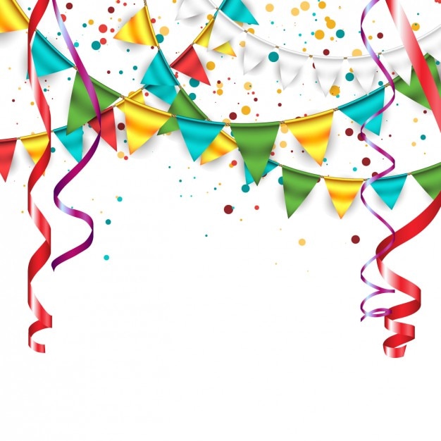 Latar belakang dengan confetti, karangan bunga dan bunting