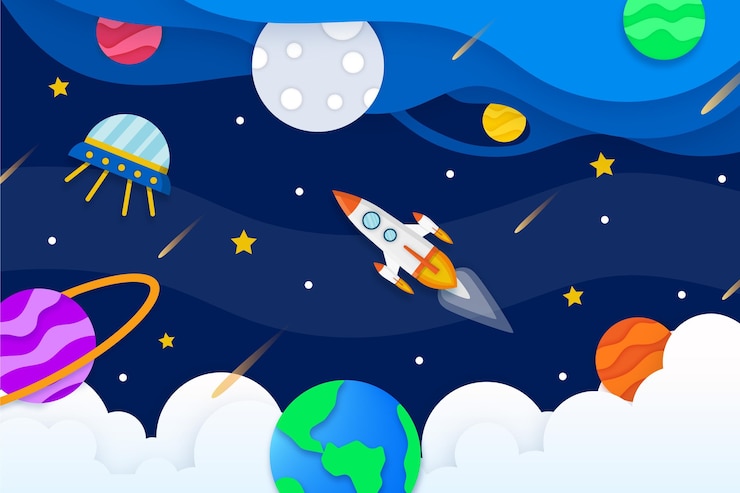 Vector Gratis latar belakang galaksi gaya kertas dengan roket