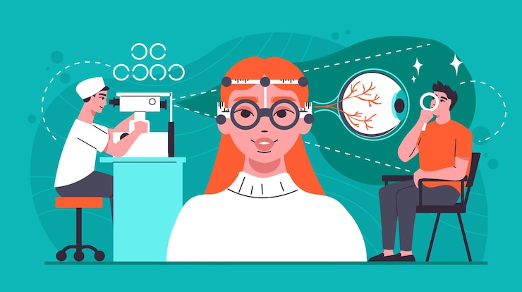Vector Gratis latar belakang horizontal dokter mata dengan dokter berseragam rumah sakit sedang melakukan pemeriksaan medis dan diagnosis penglihatan pasien ilustrasi vektor datar