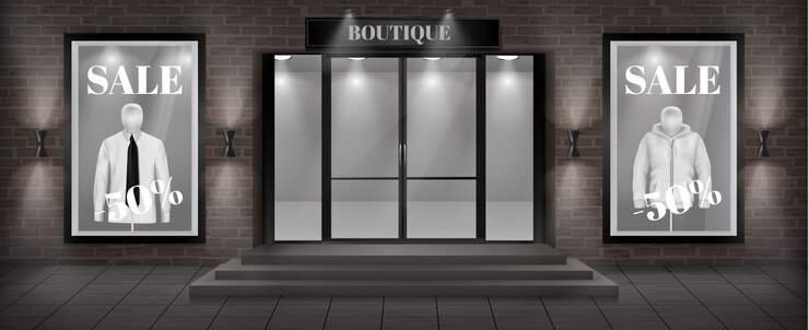 Vector Gratis latar belakang konsep, fasad toko butik dengan papan nama