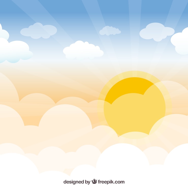 Vector Gratis latar belakang langit berawan dengan matahari besar dalam gaya datar