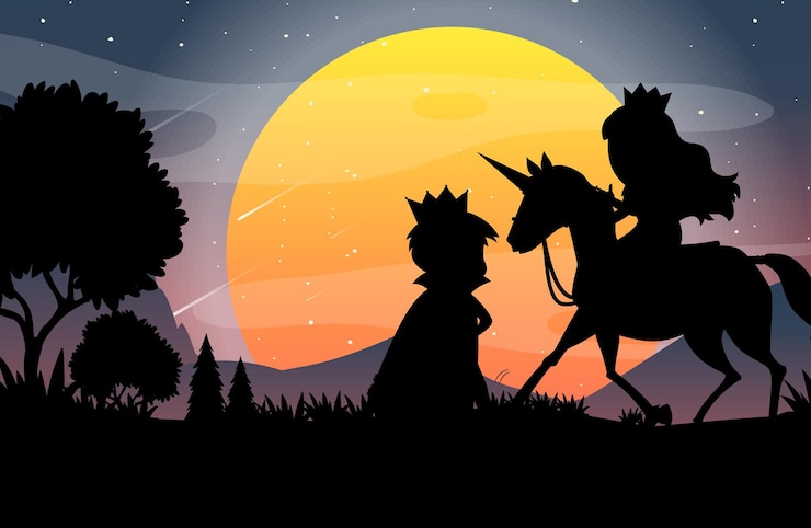 Vector Gratis latar belakang malam halloween dengan siluet pangeran dan putri