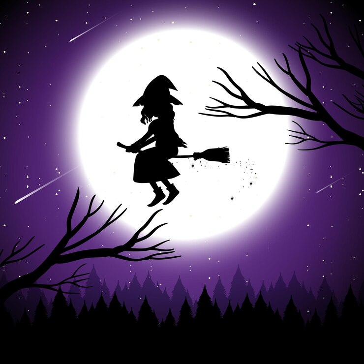Vector Gratis latar belakang malam halloween dengan siluet penyihir