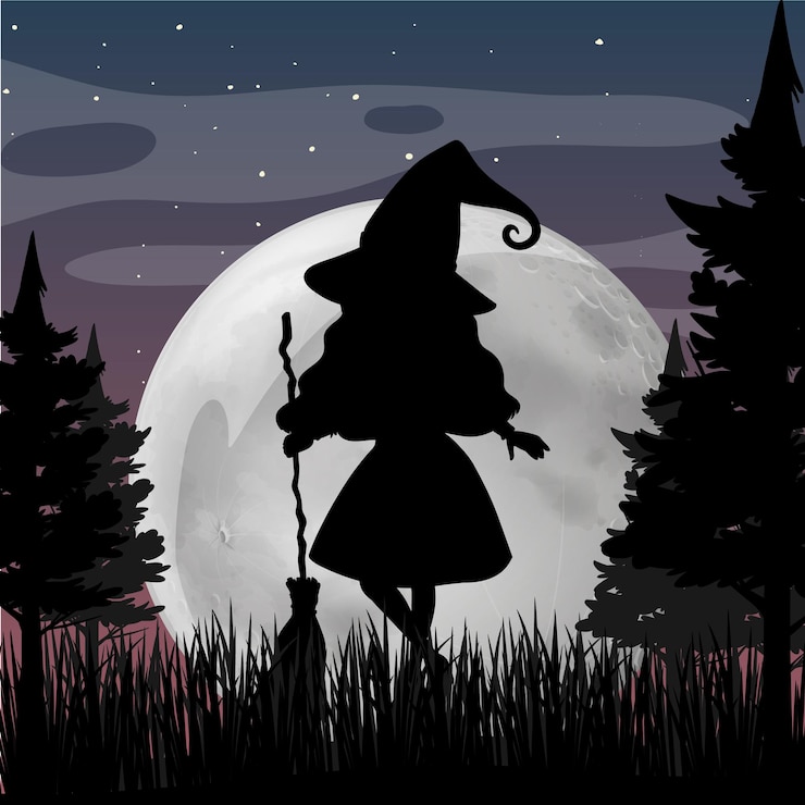 Vector Gratis latar belakang malam halloween dengan siluet penyihir