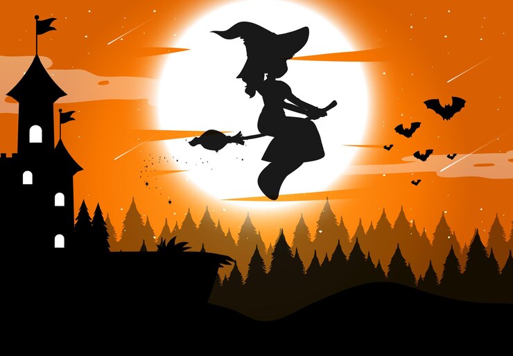 Vector Gratis latar belakang malam halloween dengan siluet penyihir