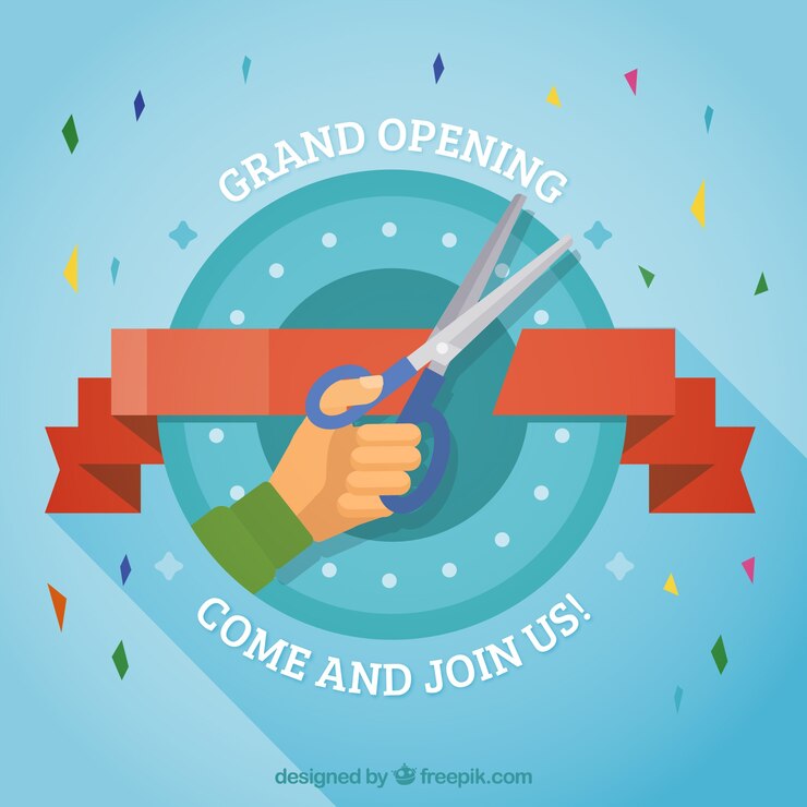 Vector Gratis latar belakang peresmian vintage dengan pita merah dan confetti dalam desain datar