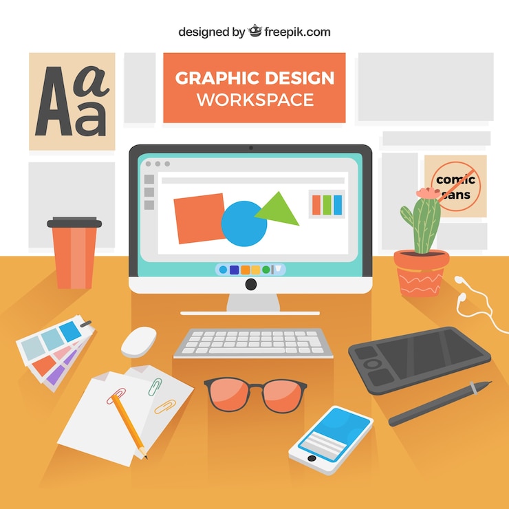 Vector Gratis latar belakang ruang kerja desain grafis dalam gaya digambar tangan