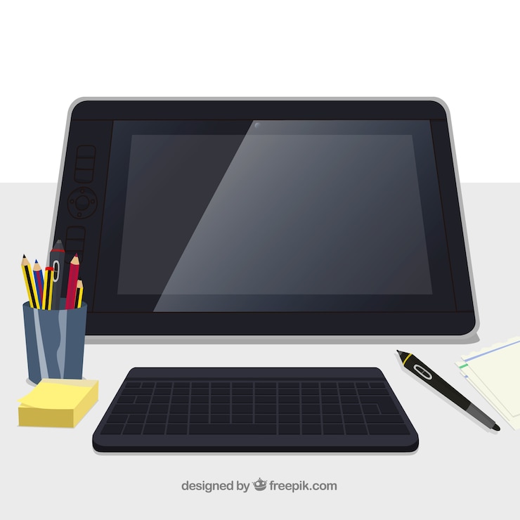 Vector Gratis latar belakang ruang kerja desain grafis dengan meja dan alat