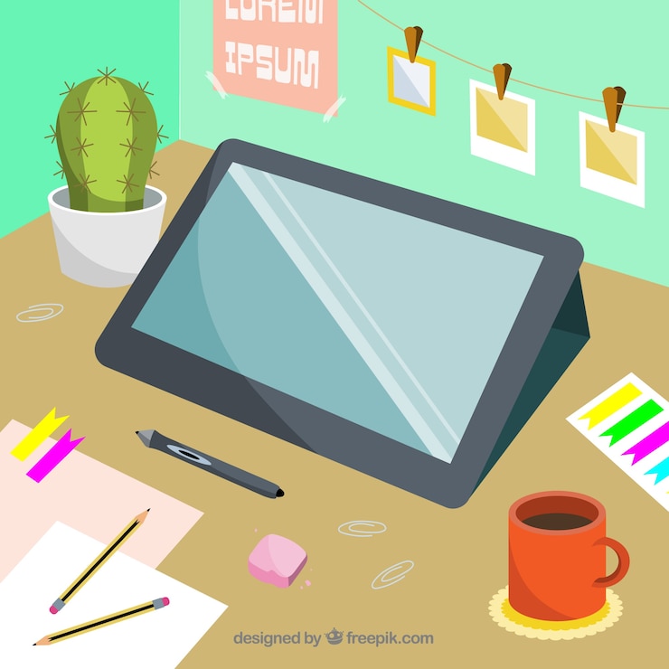 Vector Gratis latar belakang ruang kerja desain grafis dengan meja dan alat