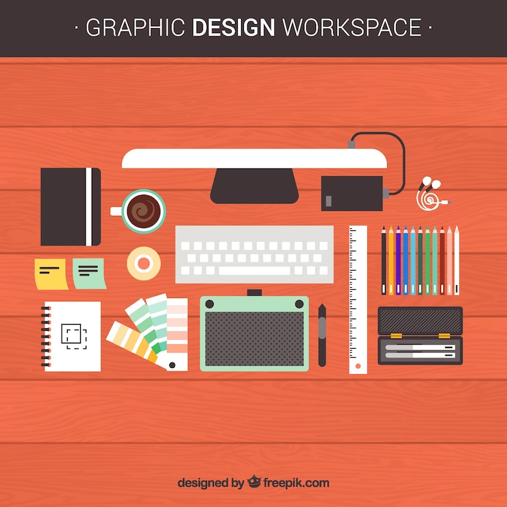 Vector Gratis latar belakang ruang kerja desain grafis dengan meja dan alat