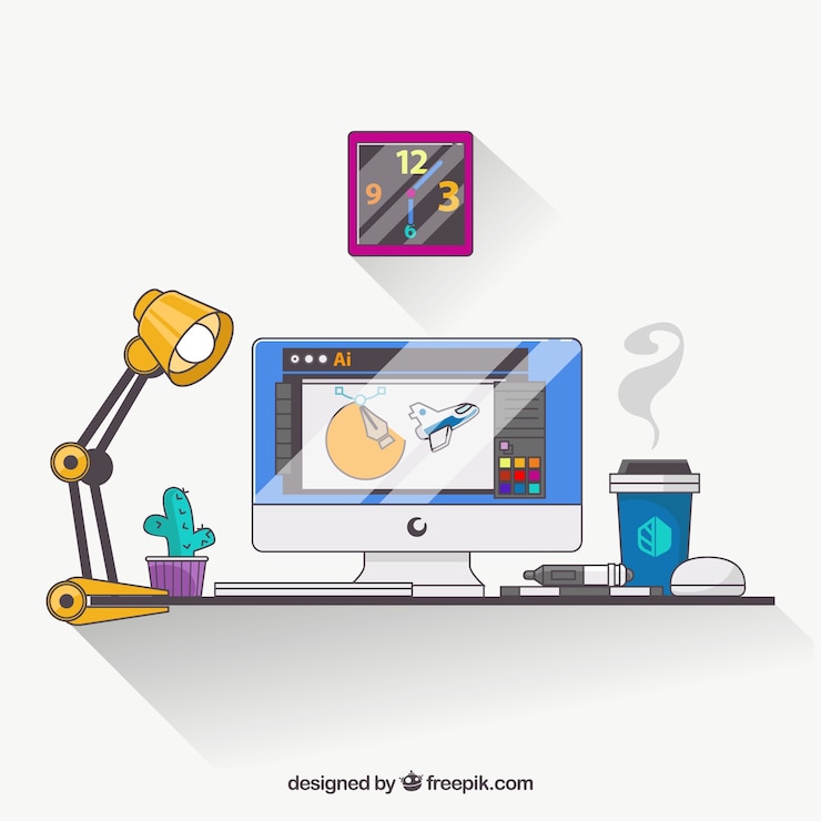 Vector Gratis latar belakang ruang kerja desain grafis dengan meja dan alat