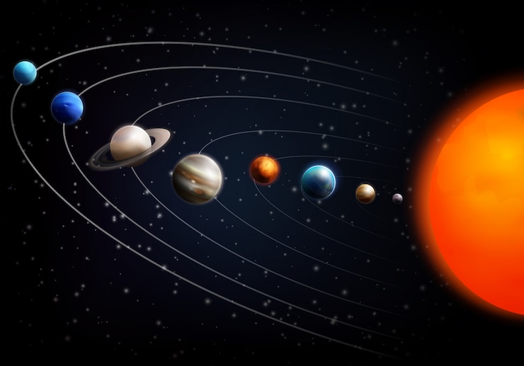 Vector Gratis latar belakang ruang realistis dengan semua planet