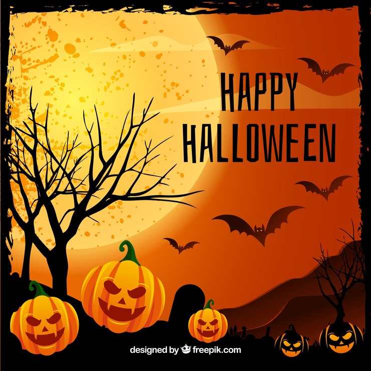 Vector Gratis latar belakang selamat halloween dengan labu dan kelelawar