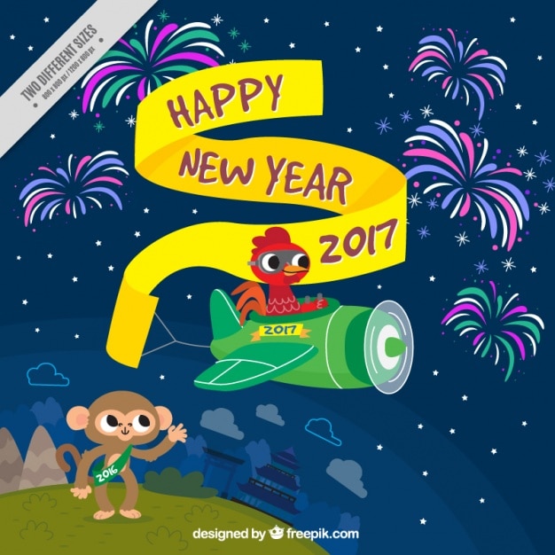 Vector Gratis latar belakang selamat tahun baru dengan ayam jantan menerbangkan pesawat kecil