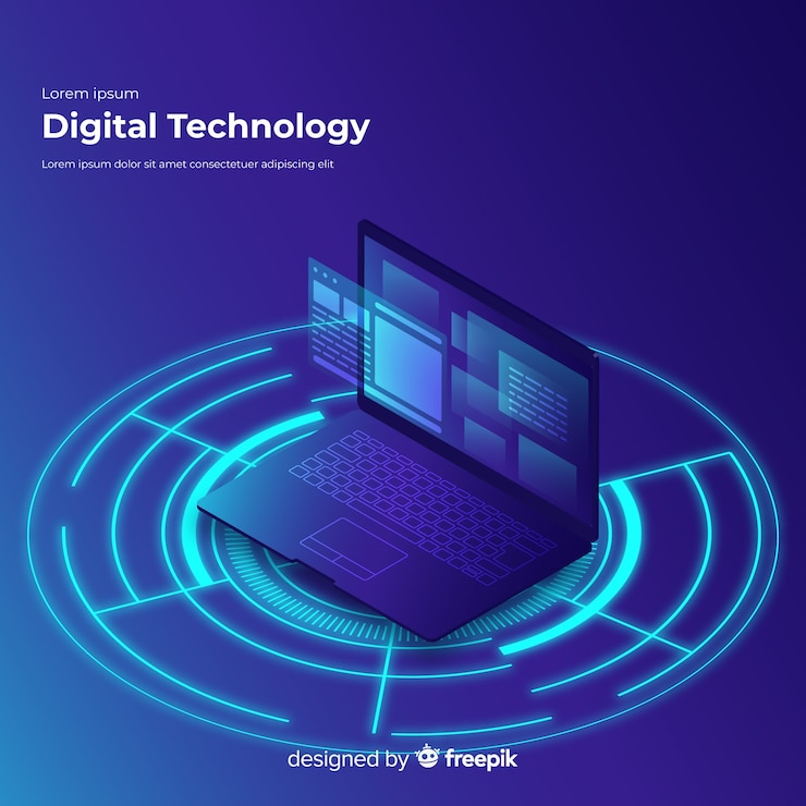 Vector Gratis latar belakang teknologi laptop isometrik gradien
