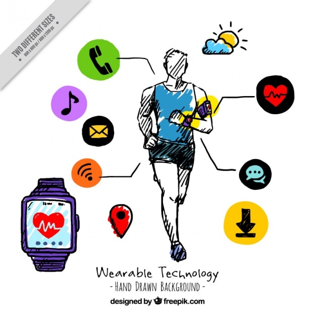 Vector Gratis latar belakang teknologi wearable sporti yang digambar tangan