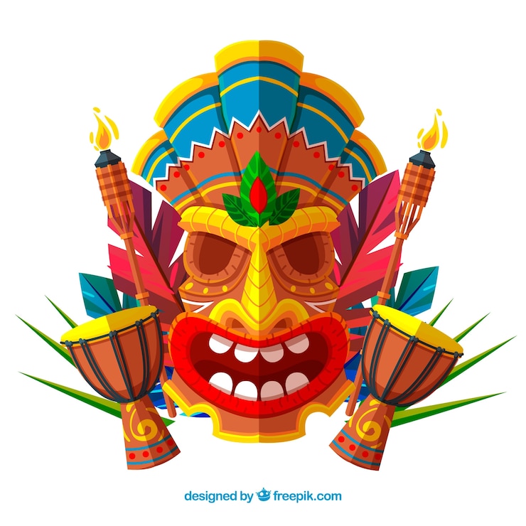 Vector Gratis latar belakang topeng tiki dalam desain datar dengan timpani