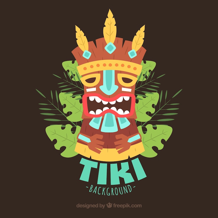 Vector Gratis latar belakang topeng tiki dengan daun palem