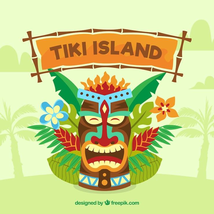 Vector Gratis latar belakang topeng tiki dengan daun palem
