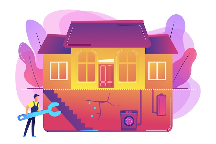 Vector Gratis leak fixing, foundation repair. plumbing, pipes leakage in cellar. basement services, best basement contractors, basement waterproofing concept.