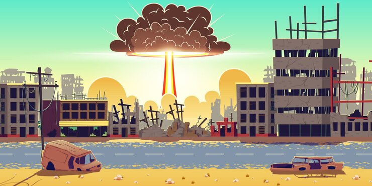 Vector Gratis ledakan bom nuklir di kota yang hancur vektor