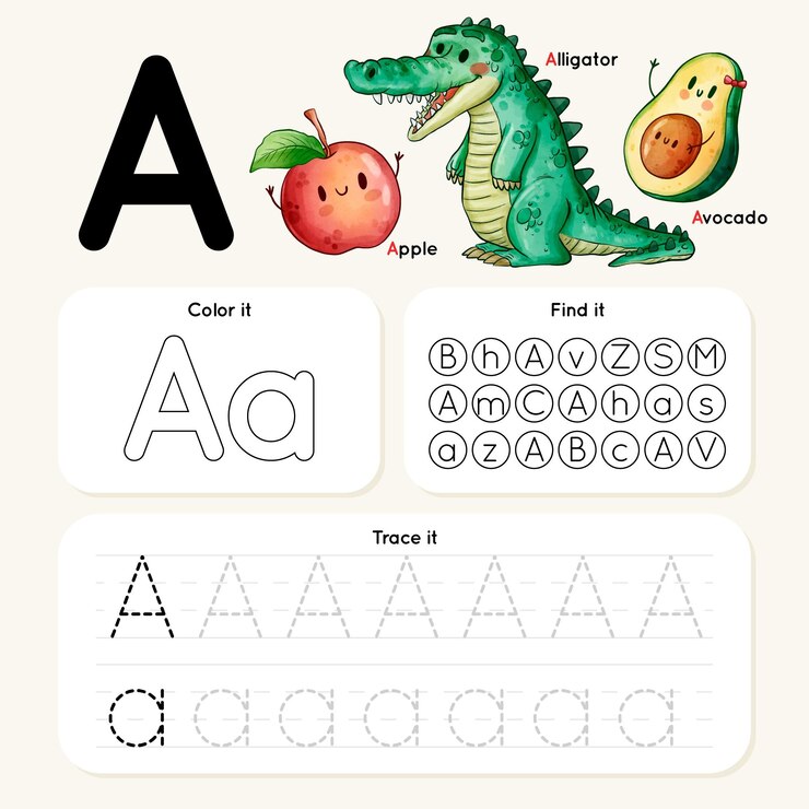 Vector Gratis letter a worksheet with animal and food