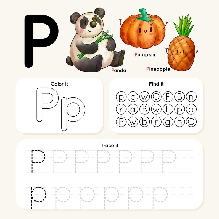 Vector Gratis letter p worksheet with panda, pumpkin, pineapple