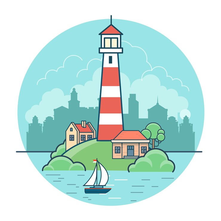 Vector Gratis linear flat lighthouse and cottage houses on green island on water scape, sky and city background. nature and urban concept.