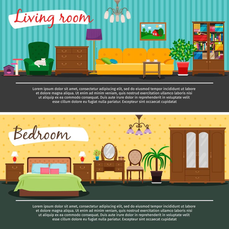 Vector Gratis living room and bedroom home interior vector illustration