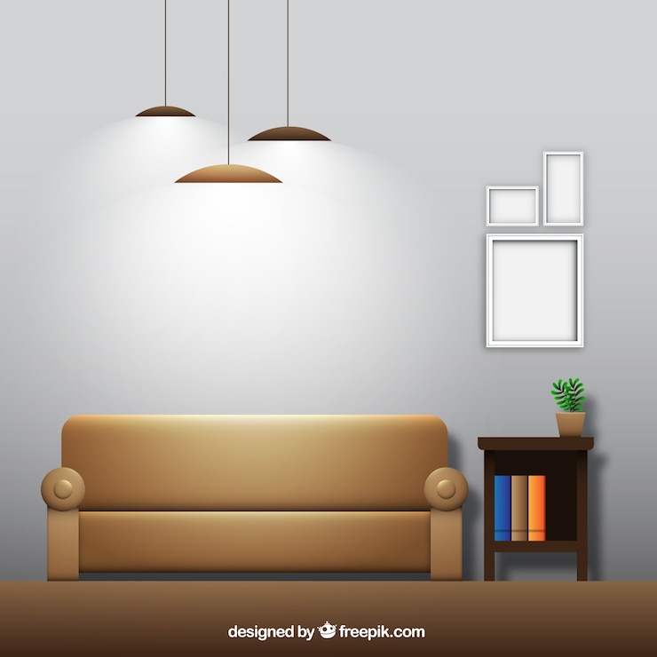 Vector Gratis living room with couch and frames in realistic design