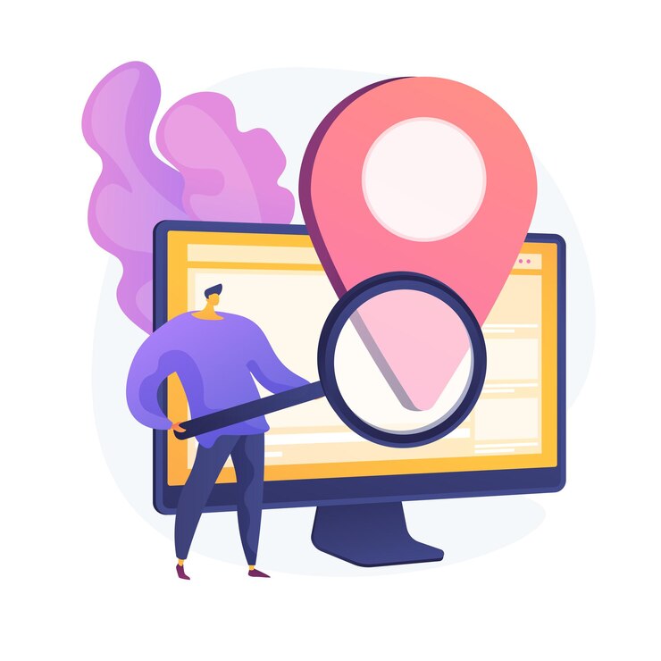 Vector Gratis location based advertisement. geolocation software, online gps app, navigation system. geographic restriction. man searching address with magnifier. vector isolated concept metaphor illustration