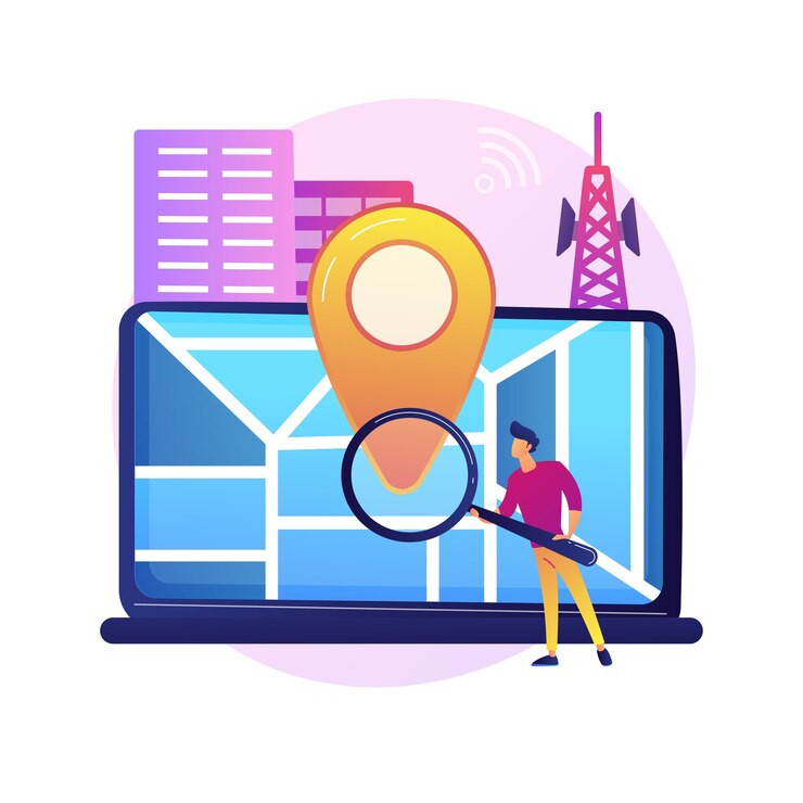 Vector Gratis location based advertisement. geolocation software, online gps app, navigation system. geographic restriction. man searching address with magnifier.