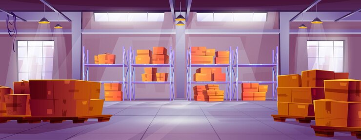 Vector Gratis logistic warehouse interior with box and pallet vector factory or store stockroom building with cargo on rack shelves for distribution hangar room inside construction with parcel cartoon background
