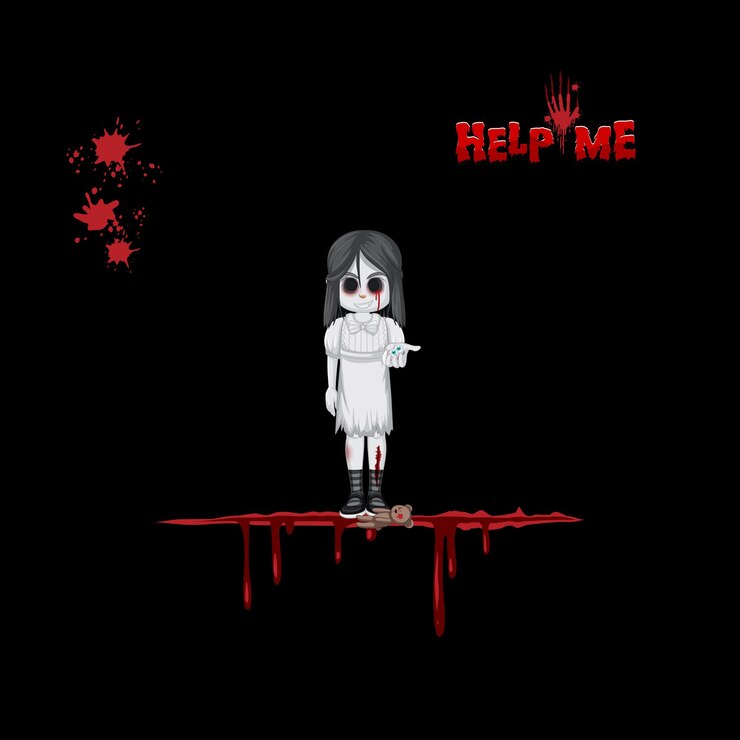Vector Gratis logo font halloween help me dengan gadis hantu yang menyeramkan