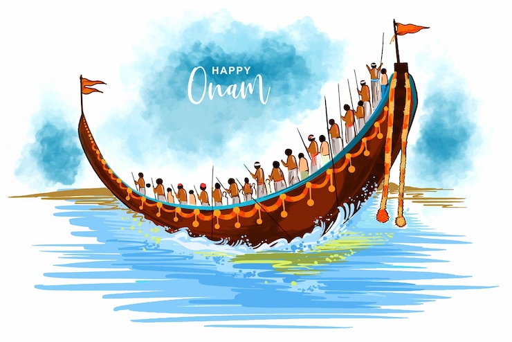 Vector Gratis lomba perahu ular di latar belakang kartu perayaan onam
