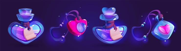 Vector Gratis love potion in glass bottles and amulet pendant