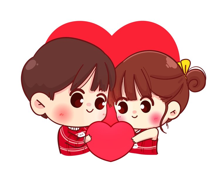 Vector Gratis lovers couple holding read heart together, happy valentine, cartoon character illustration