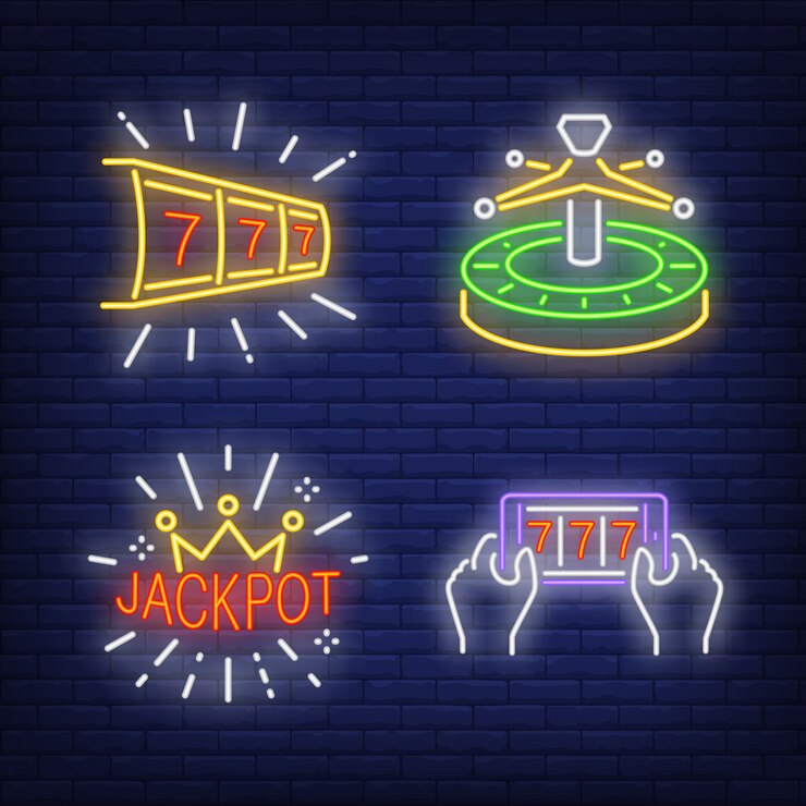 Vector Gratis lucky seven, roulette and jackpot neon signs set