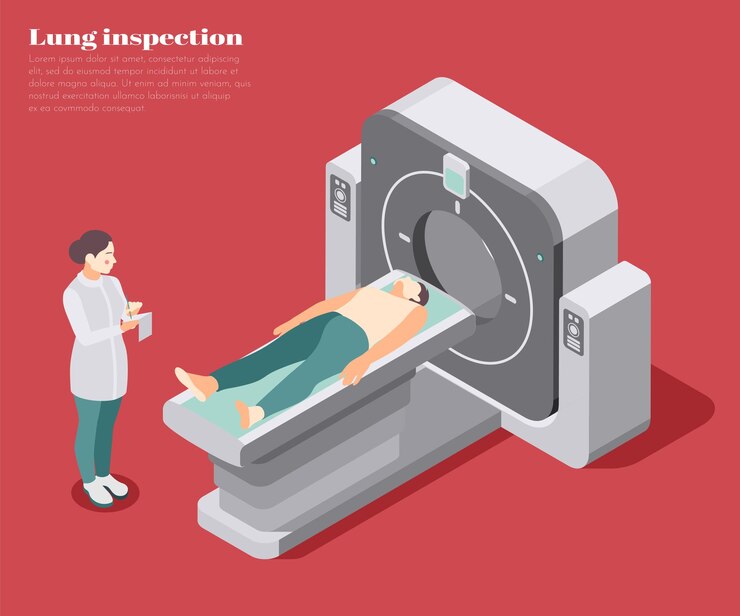 Vector Gratis lung inspection poster with diagnostic scan symbols isometric illustration