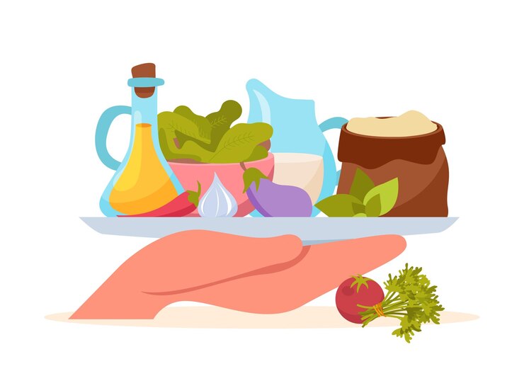 Vector Gratis macronutrients flat composition with front view of human hand holding tray with protein containing food products vector illustration