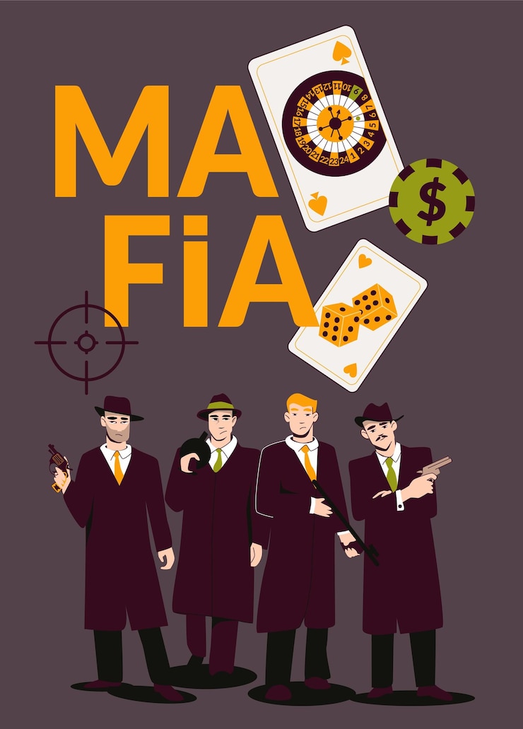 Vector Gratis mafia flat poster with group of men holding weapon and casino icons vector illustration