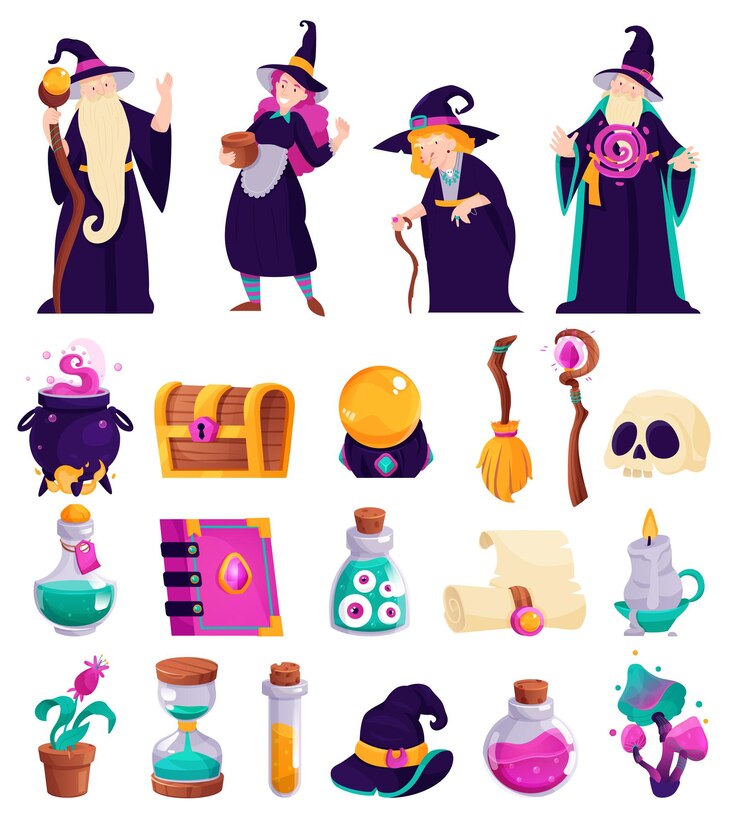 Vector Gratis magic cartoon icons set with wizard and witch accessories isolated vector illustration