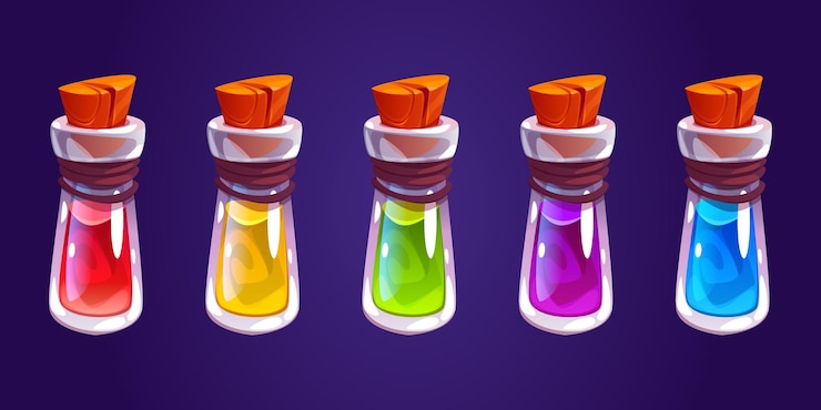 Vector Gratis magic elixir cartoon flasks with glowing liquid
