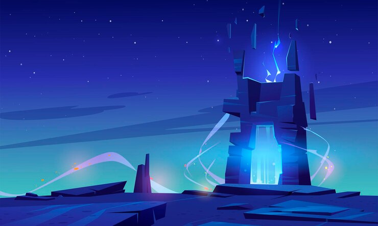 Vector Gratis magic portal on mountain top or alien planet surface, futuristic landscape background with glowing entrance in rock under starry sky. fantasy book or computer game scene, cartoon vector illustration