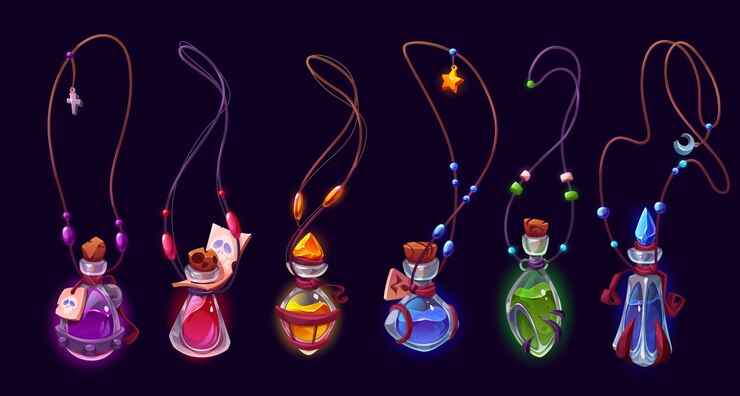 Vector Gratis magic potion pendants set on dark background