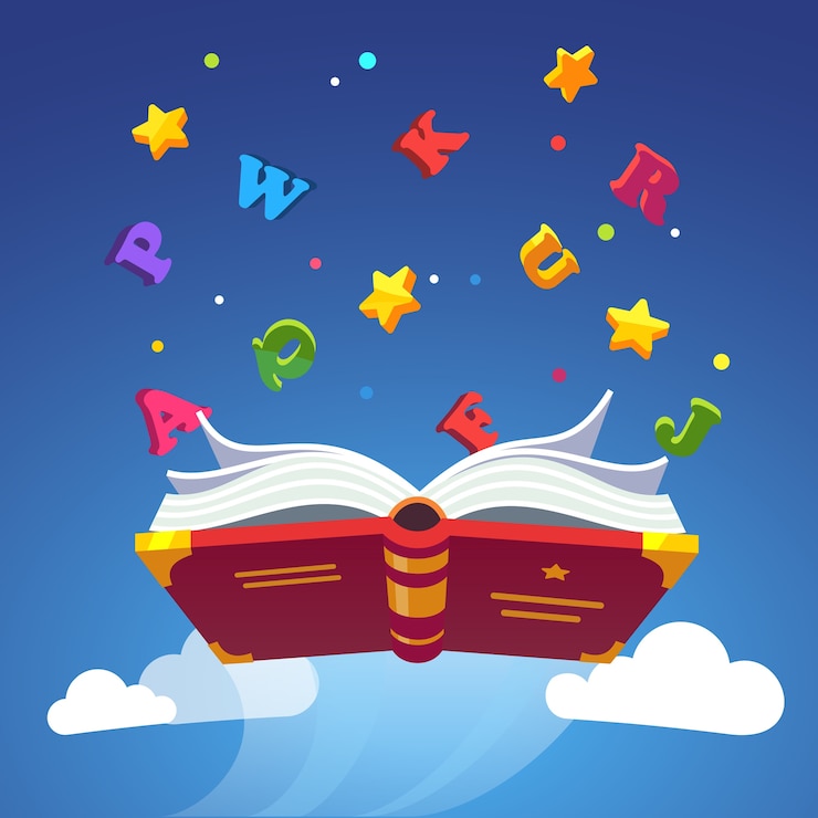 Vector Gratis magical book flying scattering alphabet letters