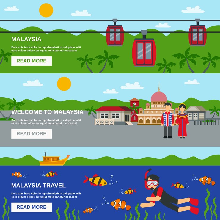 Vector Gratis malaysia culture 3 flat banners set 