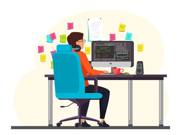 Male programmer working at computer in office wall with hanging reminder stickers Developer creating new software interface coding and programming system administrator or designer character