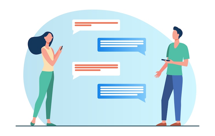 Vector Gratis man and woman chatting online. people using mobile phones, speech bubble, distance flat vector illustration. communication, internet