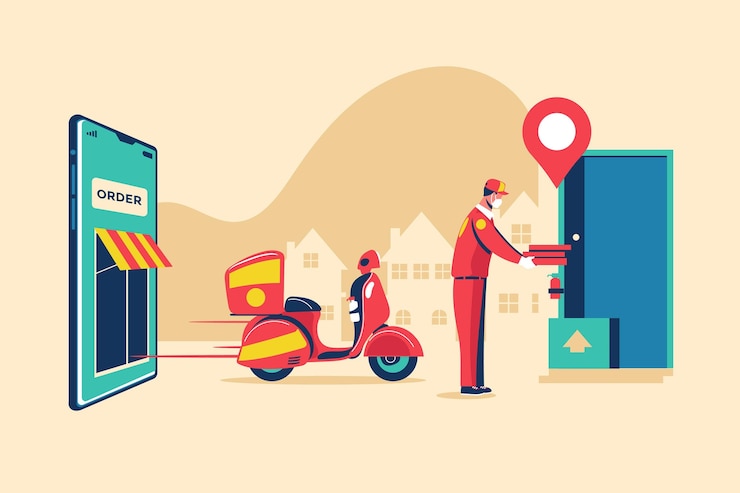 Vector Gratis man delivering food while wearing a medical mask
